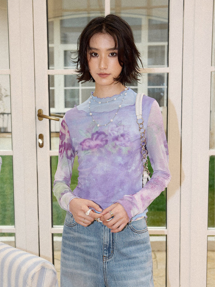 Purple Watercolor Floral Mesh Long Sleeve Top