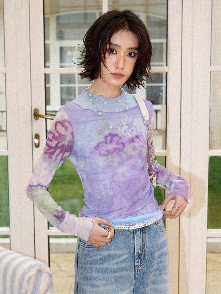 Purple Watercolor Floral Mesh Long Sleeve Top