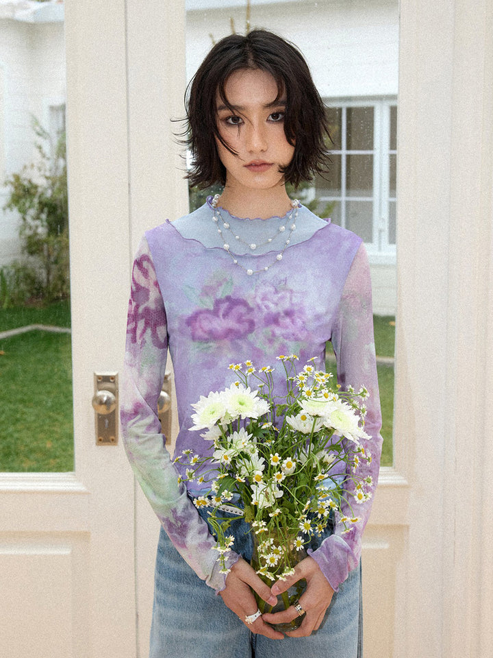 Purple Watercolor Floral Mesh Long Sleeve Top