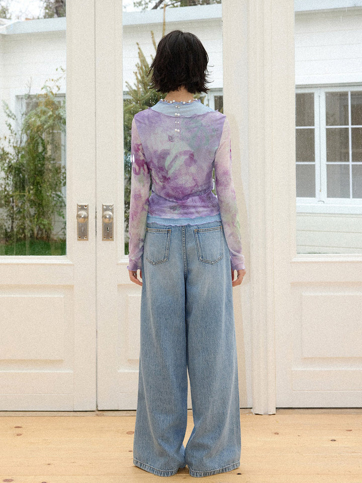 Purple Watercolor Floral Mesh Long Sleeve Top