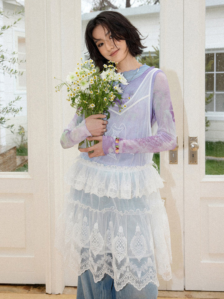 Purple Watercolor Floral Mesh Long Sleeve Top