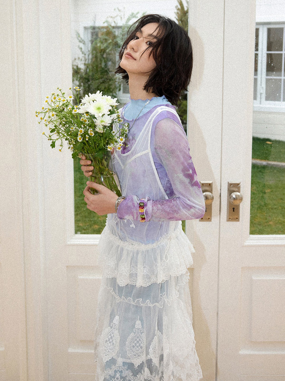 Purple Watercolor Floral Mesh Long Sleeve Top
