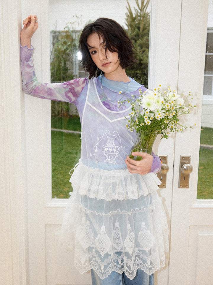 Purple Watercolor Floral Mesh Long Sleeve Top