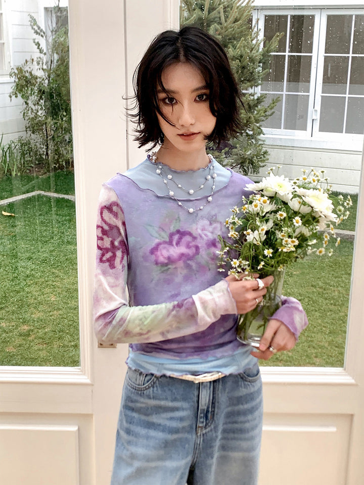 Purple Watercolor Floral Mesh Long Sleeve Top