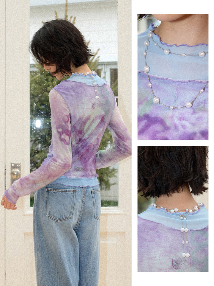 Purple Watercolor Floral Mesh Long Sleeve Top