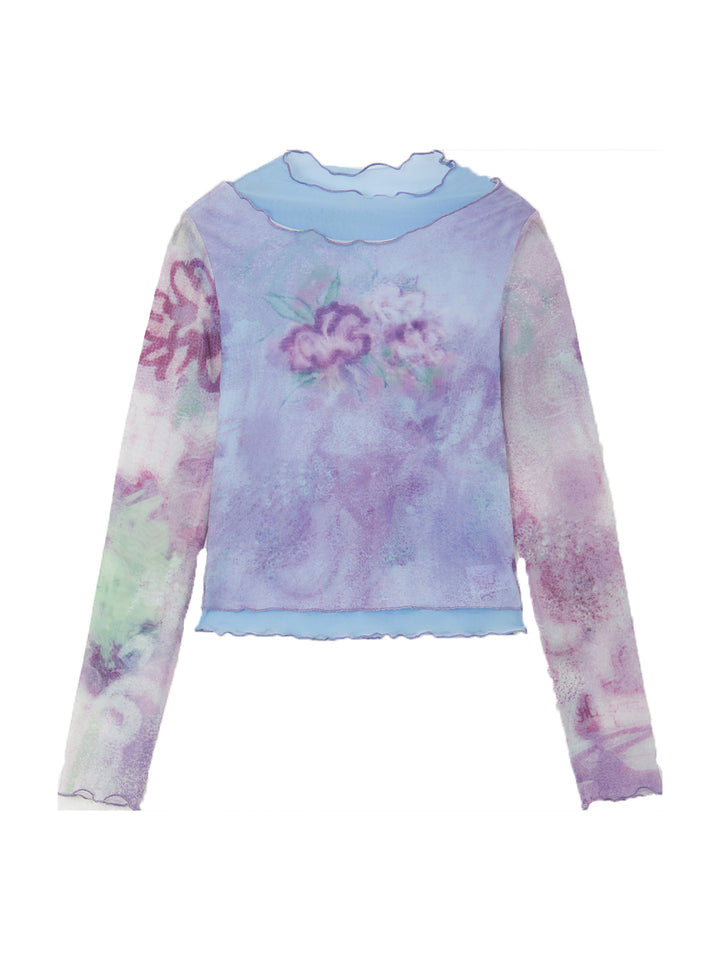 Purple Watercolor Floral Mesh Long Sleeve Top