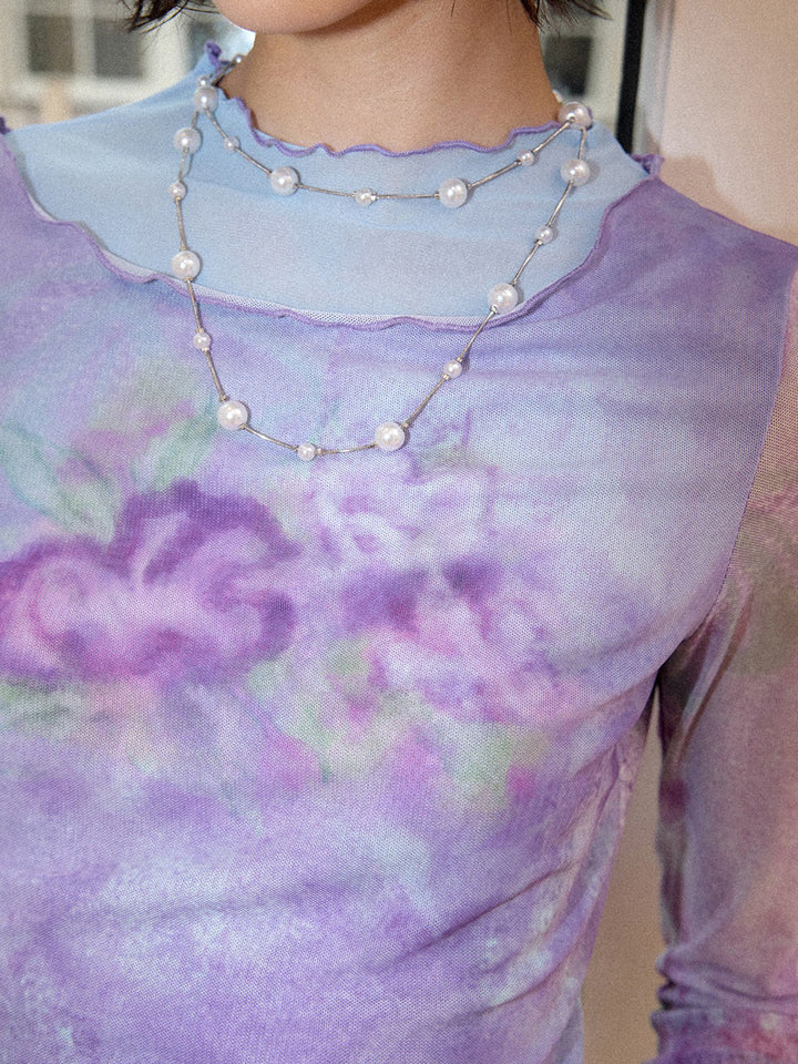 Purple Watercolor Floral Mesh Long Sleeve Top