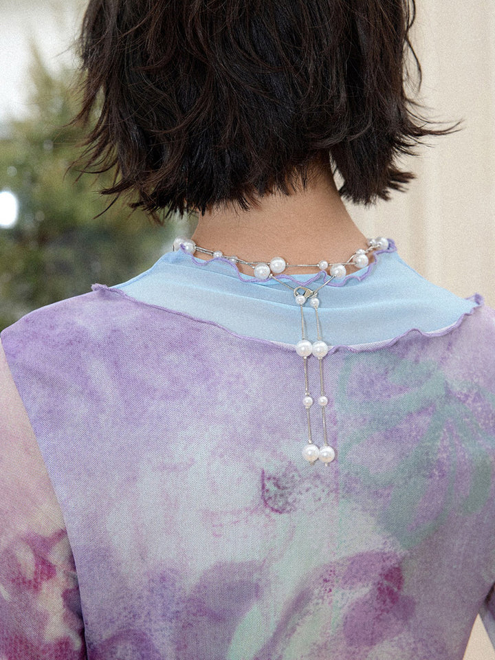 Purple Watercolor Floral Mesh Long Sleeve Top