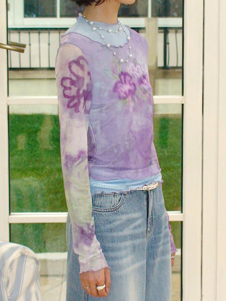 Purple Watercolor Floral Mesh Long Sleeve Top