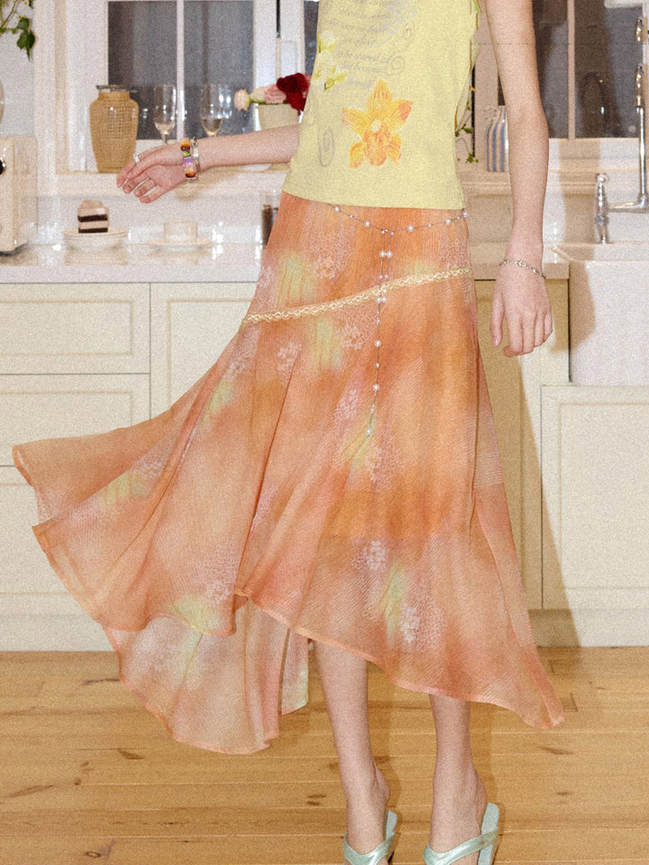 Watercolor Floral Asymmetrical Chiffon Midi Skirt