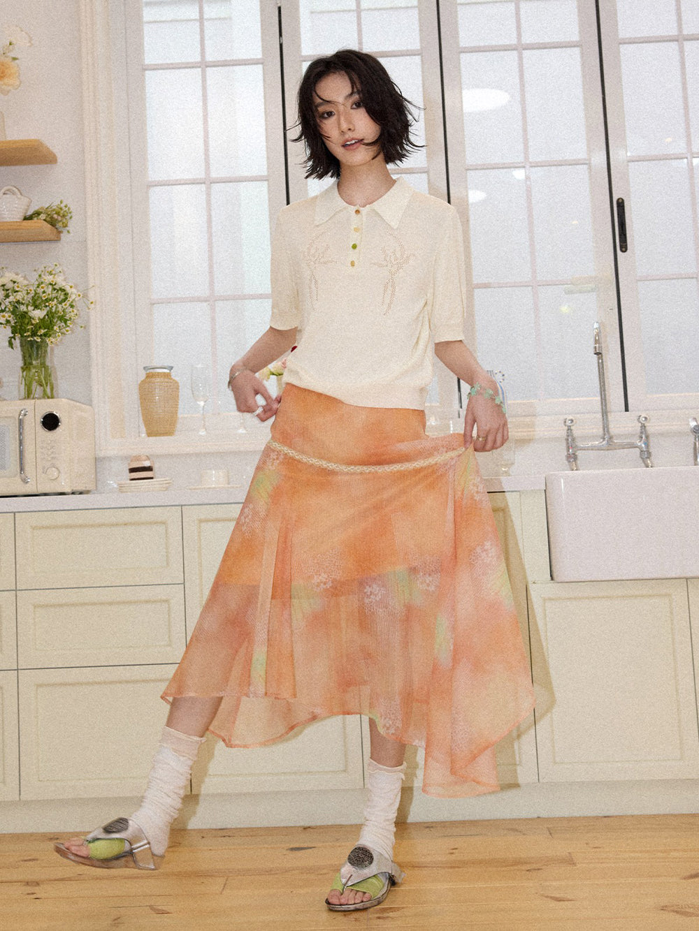 Watercolor Floral Asymmetrical Chiffon Midi Skirt