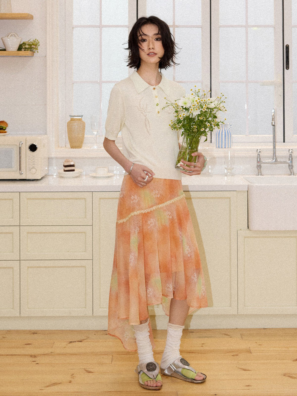Watercolor Floral Asymmetrical Chiffon Midi Skirt