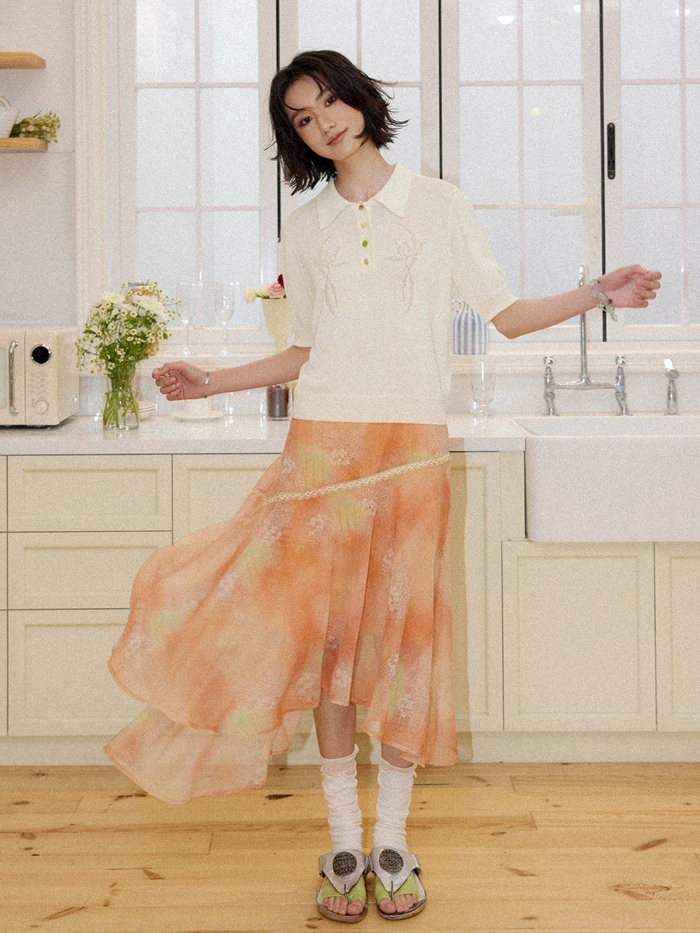Watercolor Floral Asymmetrical Chiffon Midi Skirt