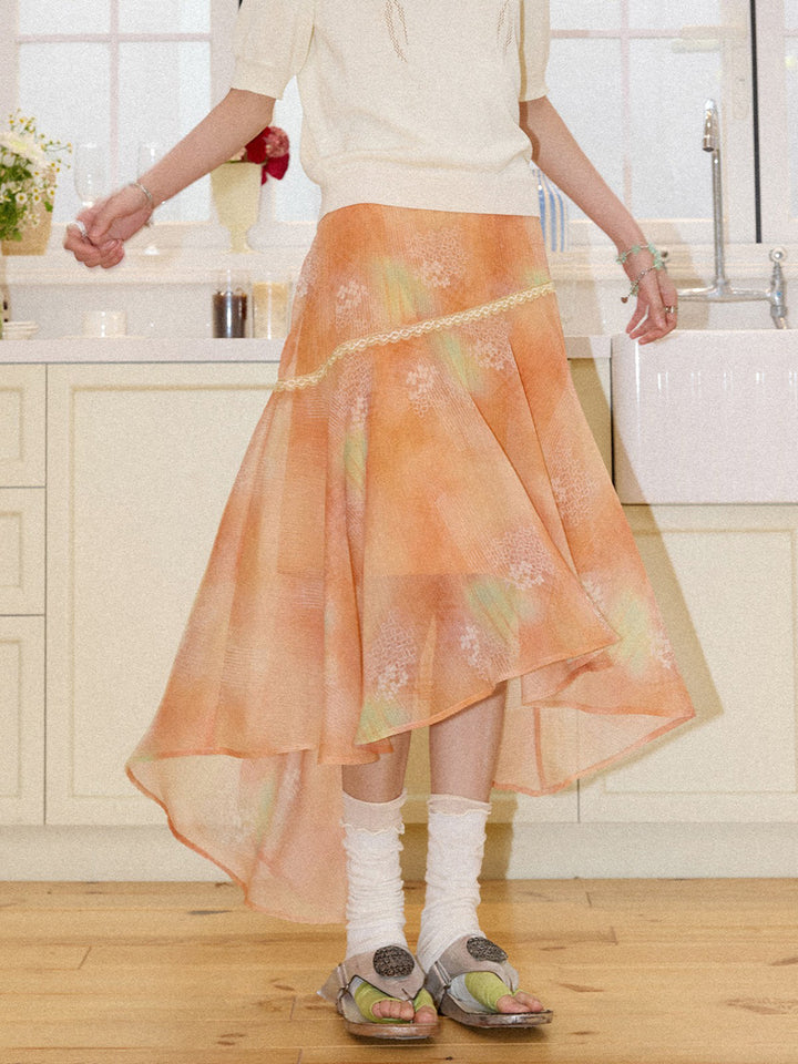 Watercolor Floral Asymmetrical Chiffon Midi Skirt