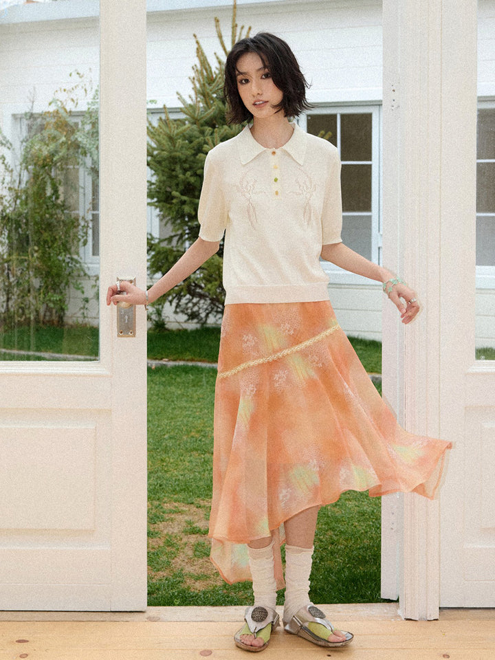 Watercolor Floral Asymmetrical Chiffon Midi Skirt