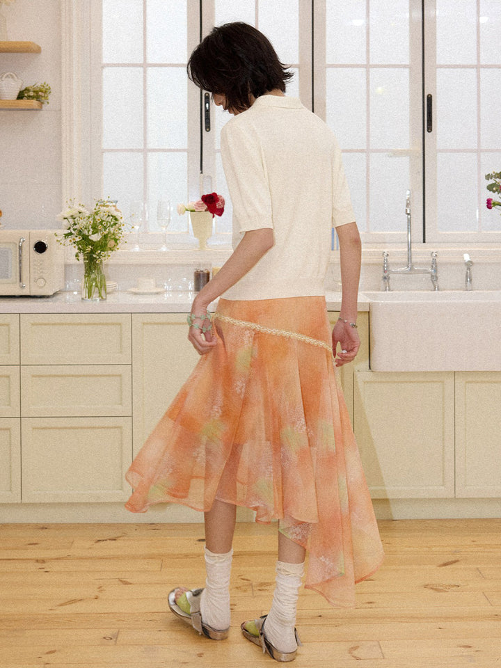 Watercolor Floral Asymmetrical Chiffon Midi Skirt