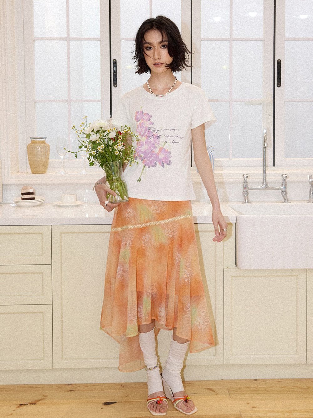 Watercolor Floral Asymmetrical Chiffon Midi Skirt