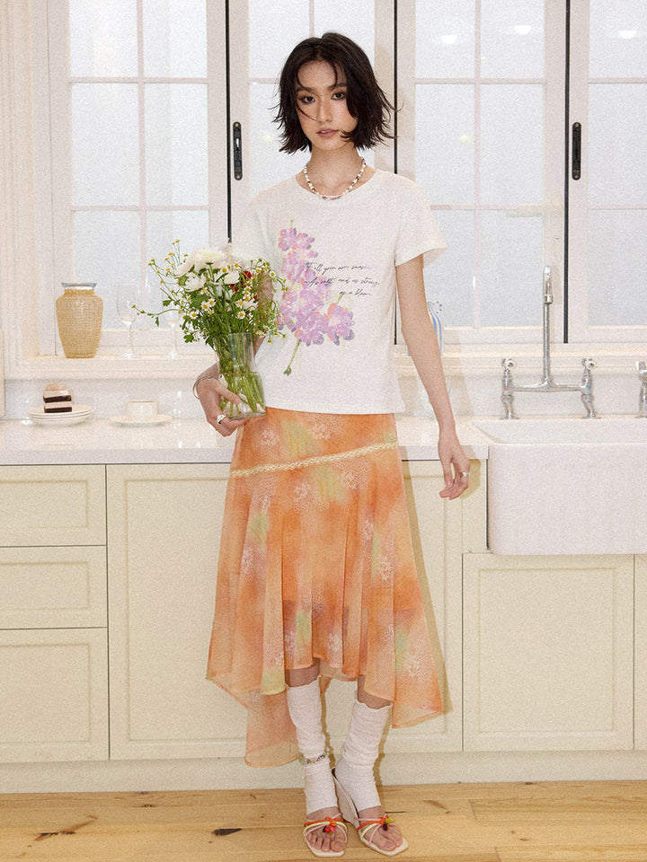 Watercolor Floral Asymmetrical Chiffon Midi Skirt