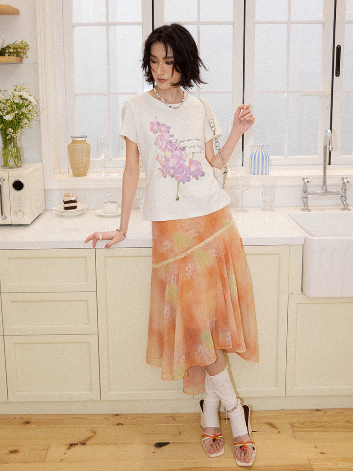 Watercolor Floral Asymmetrical Chiffon Midi Skirt
