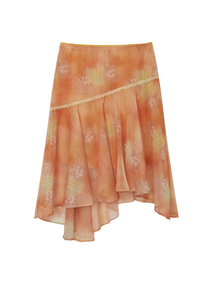 Watercolor Floral Asymmetrical Chiffon Midi Skirt