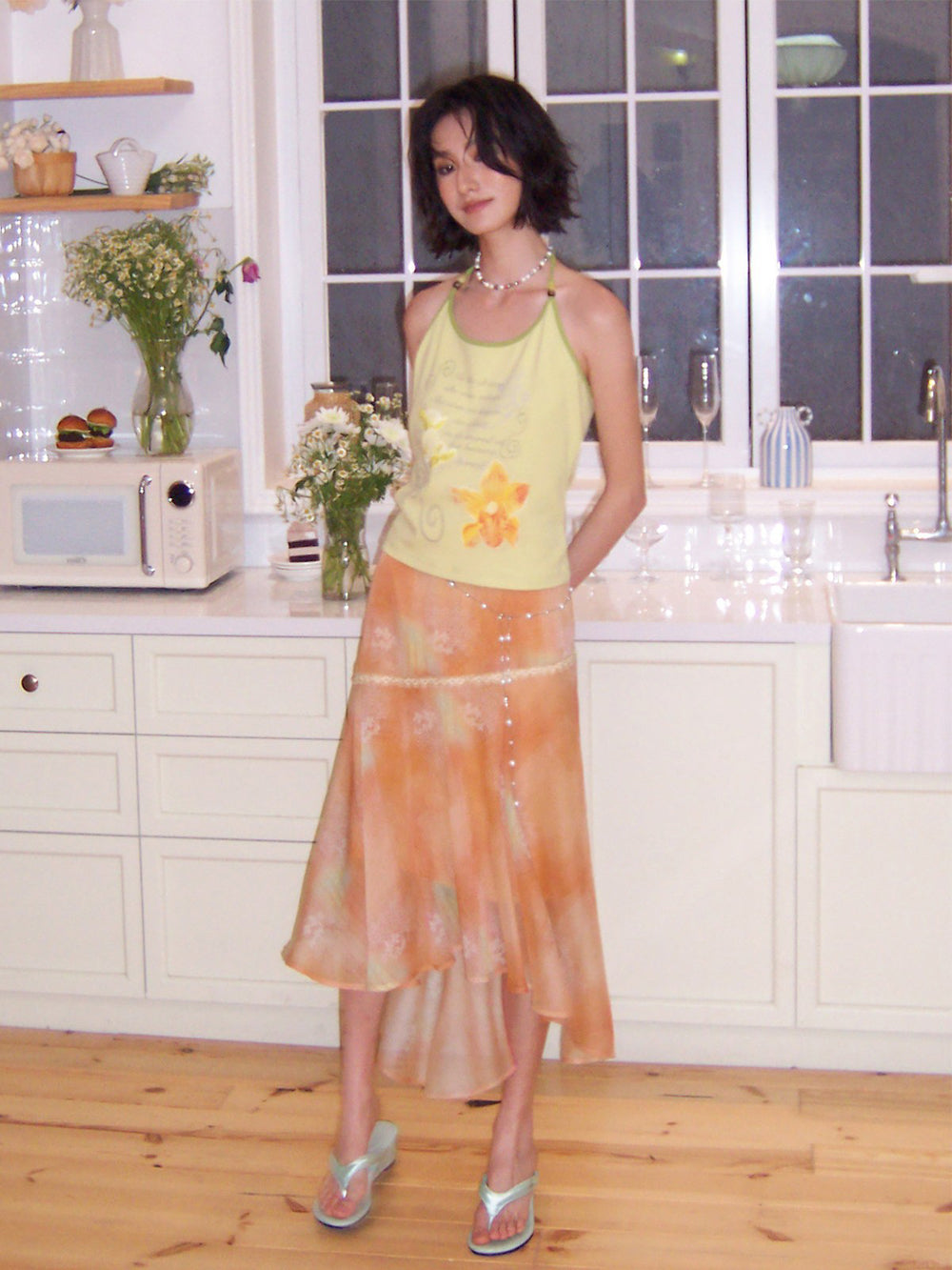 Watercolor Floral Asymmetrical Chiffon Midi Skirt