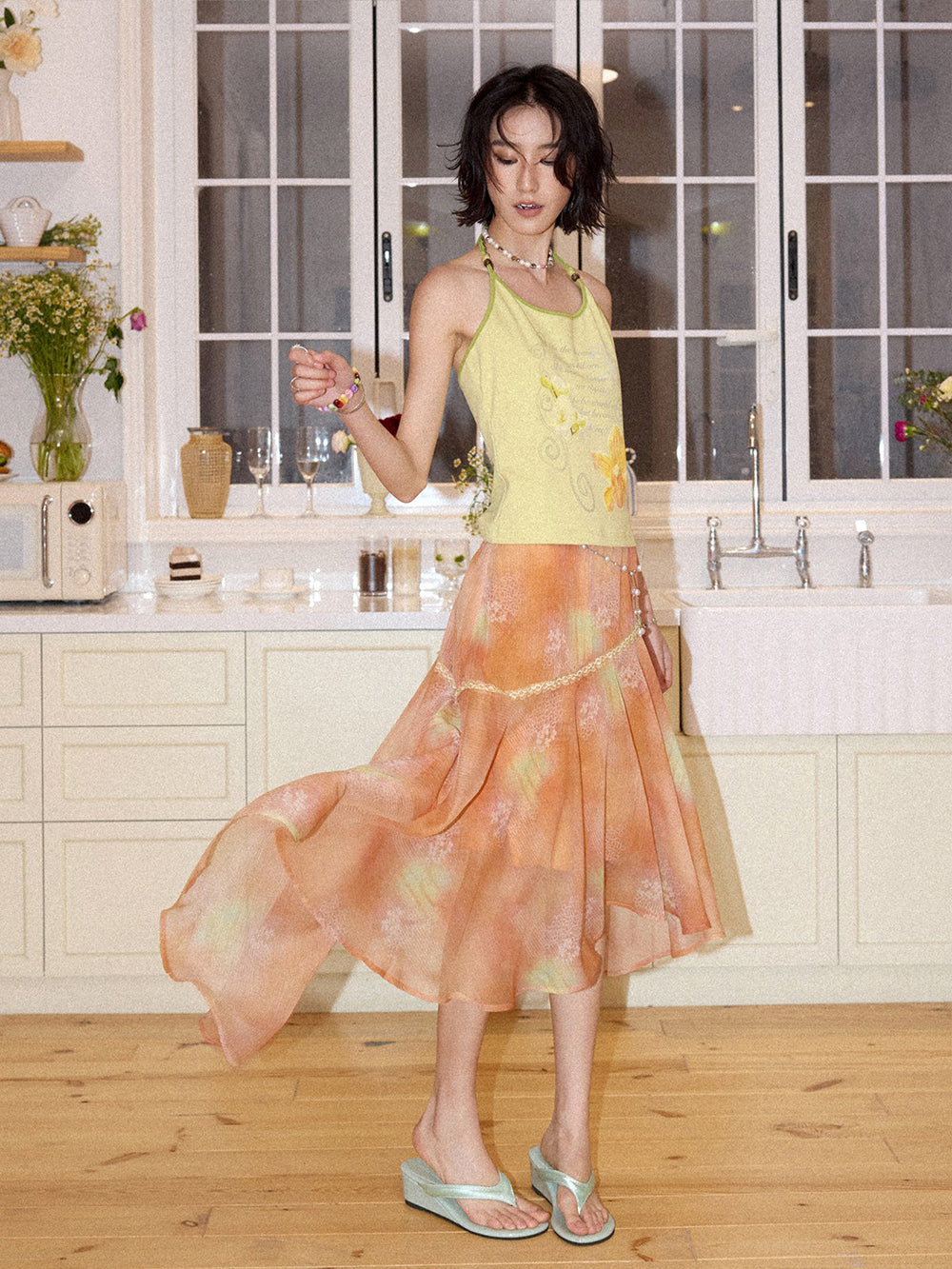 Watercolor Floral Asymmetrical Chiffon Midi Skirt