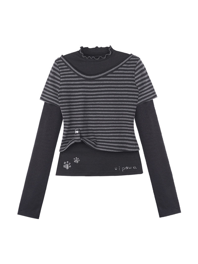 Paw Print Layered Striped Long Sleeve Top