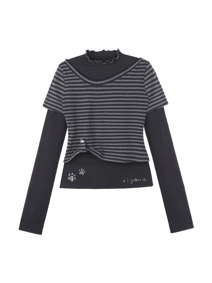 Paw Print Layered Striped Long Sleeve Top