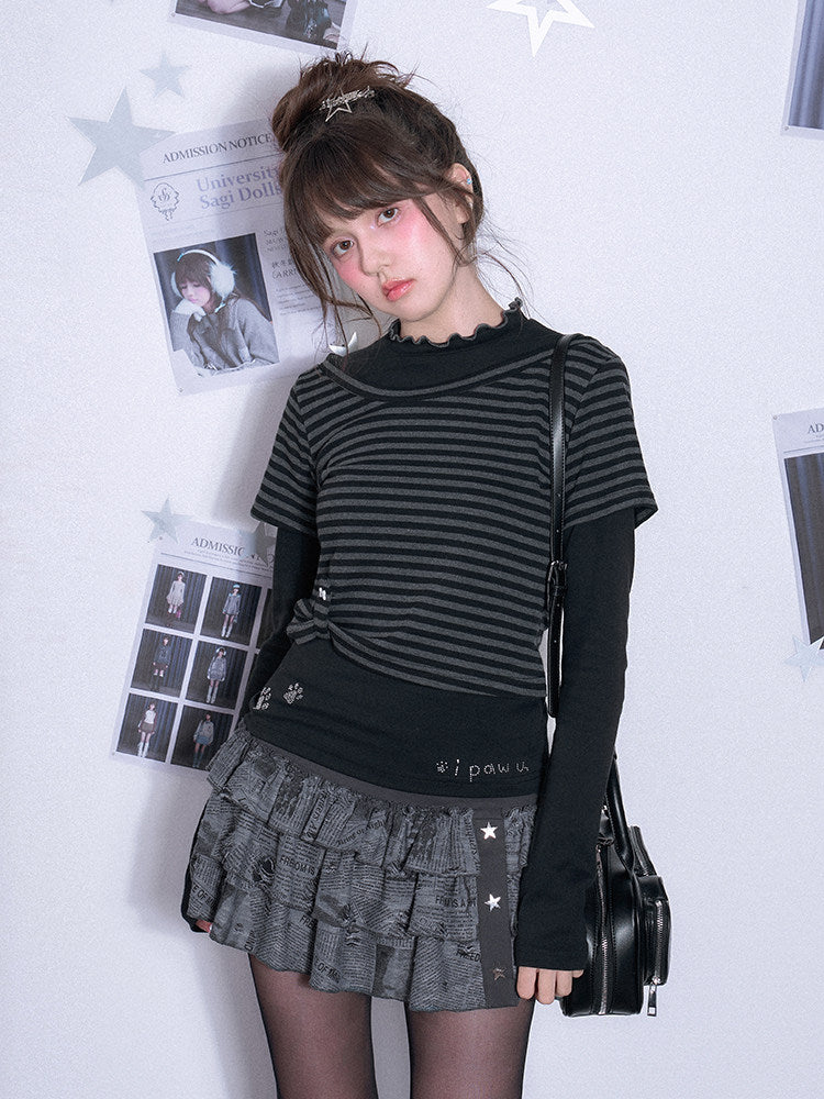Paw Print Layered Striped Long Sleeve Top