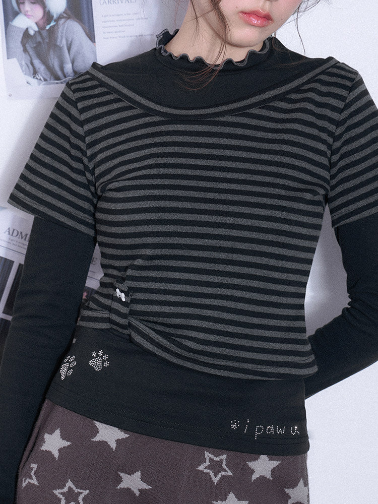Paw Print Layered Striped Long Sleeve Top