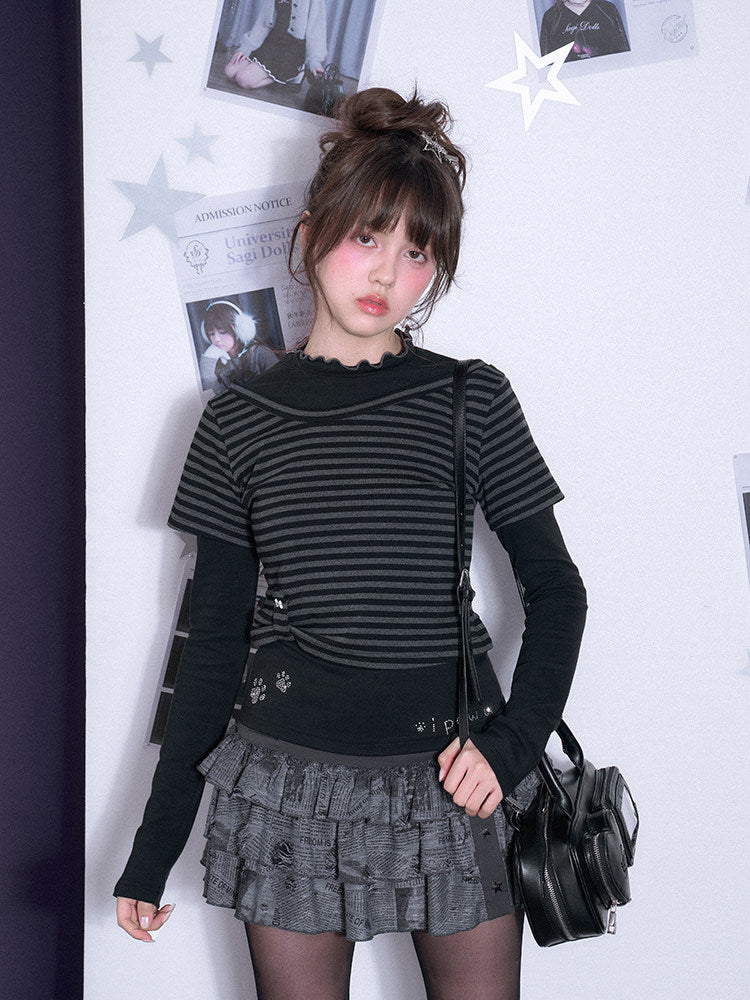 Paw Print Layered Striped Long Sleeve Top