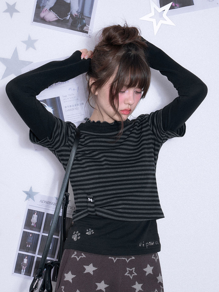 Paw Print Layered Striped Long Sleeve Top