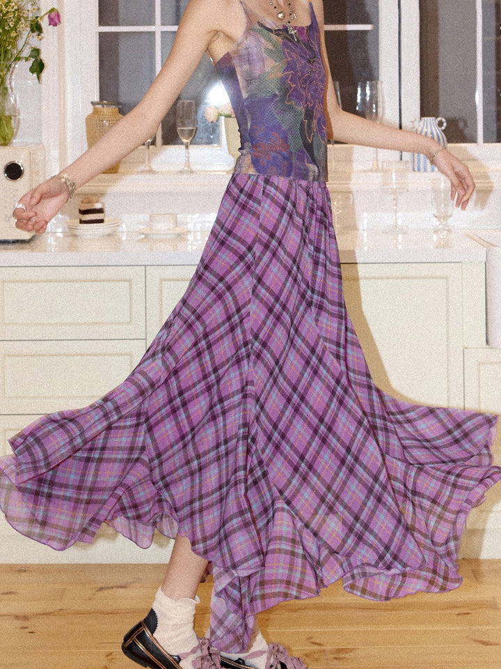 Purple Plaid Asymmetrical Ruffle Maxi Skirt