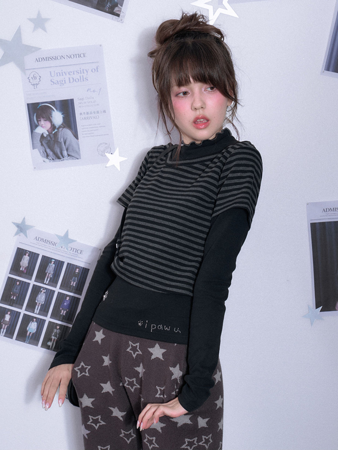 Paw Print Layered Striped Long Sleeve Top