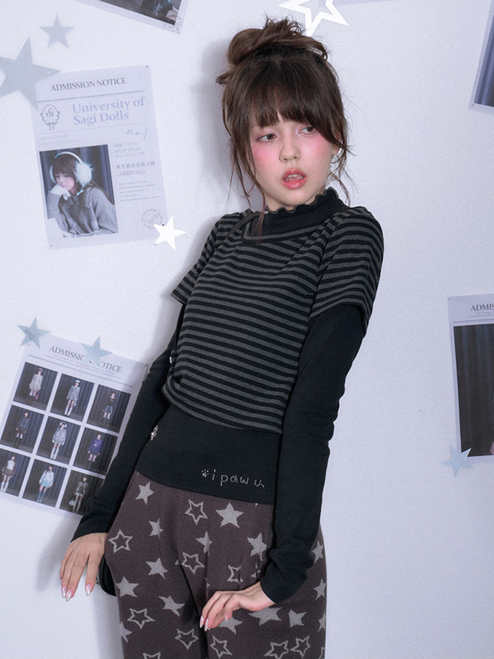 Paw Print Layered Striped Long Sleeve Top