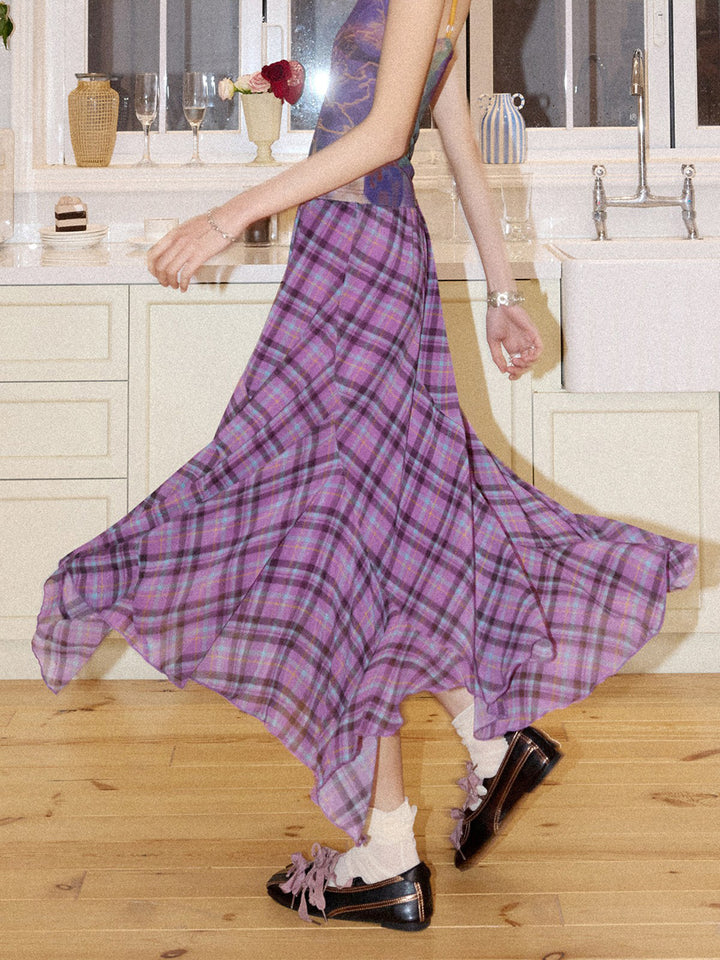 Purple Plaid Asymmetrical Ruffle Maxi Skirt