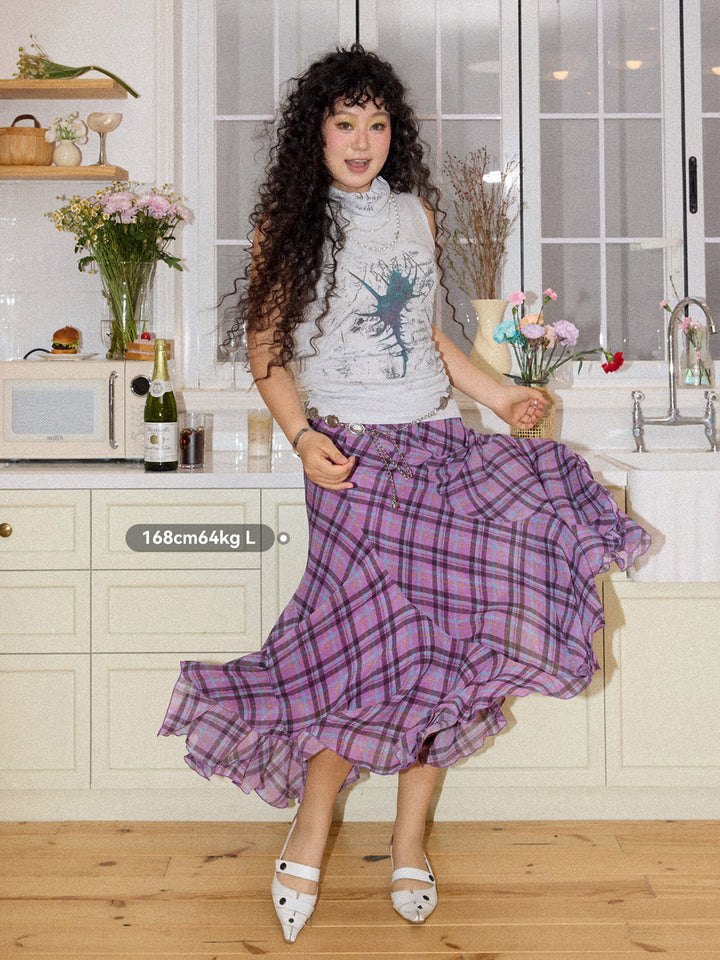 Purple Plaid Asymmetrical Ruffle Maxi Skirt