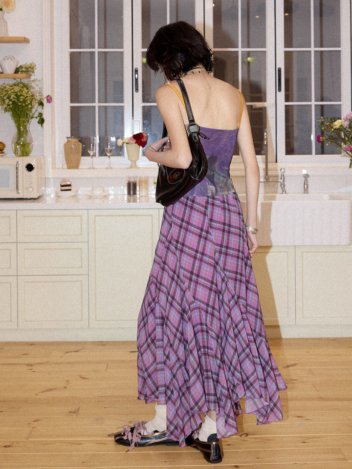 Purple Plaid Asymmetrical Ruffle Maxi Skirt