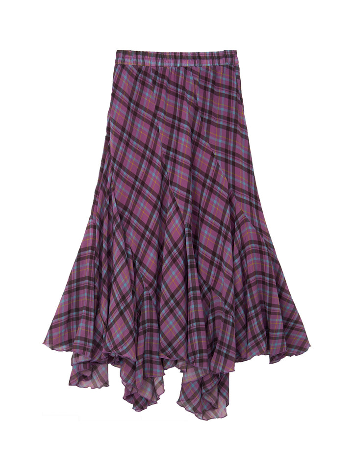 Purple Plaid Asymmetrical Ruffle Maxi Skirt