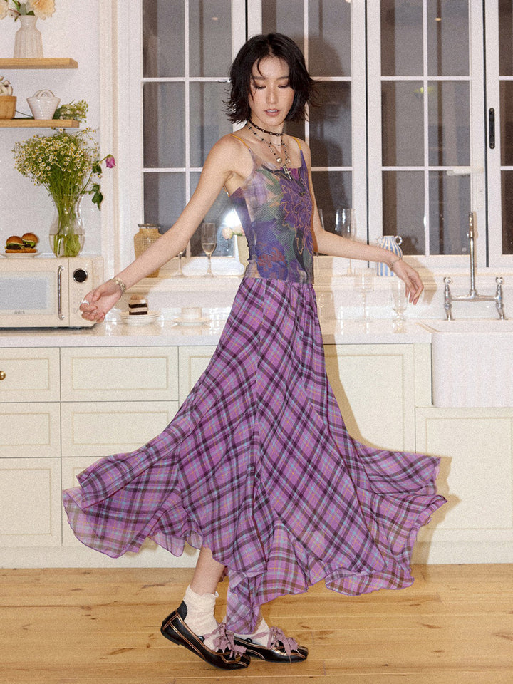 Purple Plaid Asymmetrical Ruffle Maxi Skirt