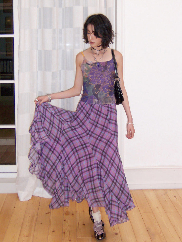 Purple Plaid Asymmetrical Ruffle Maxi Skirt