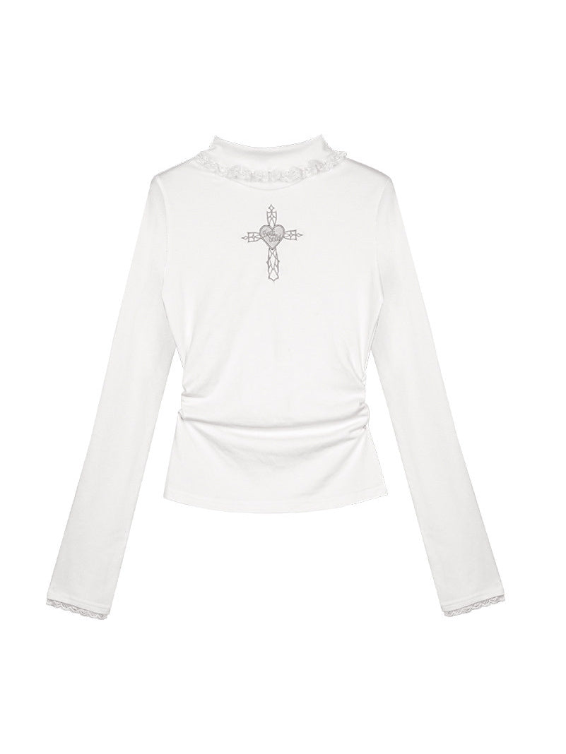 Heart Cross Ruffle Mock Neck Top