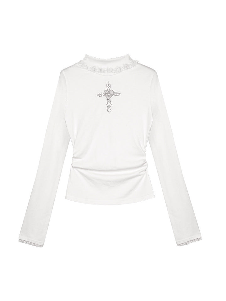 Heart Cross Ruffle Mock Neck Top