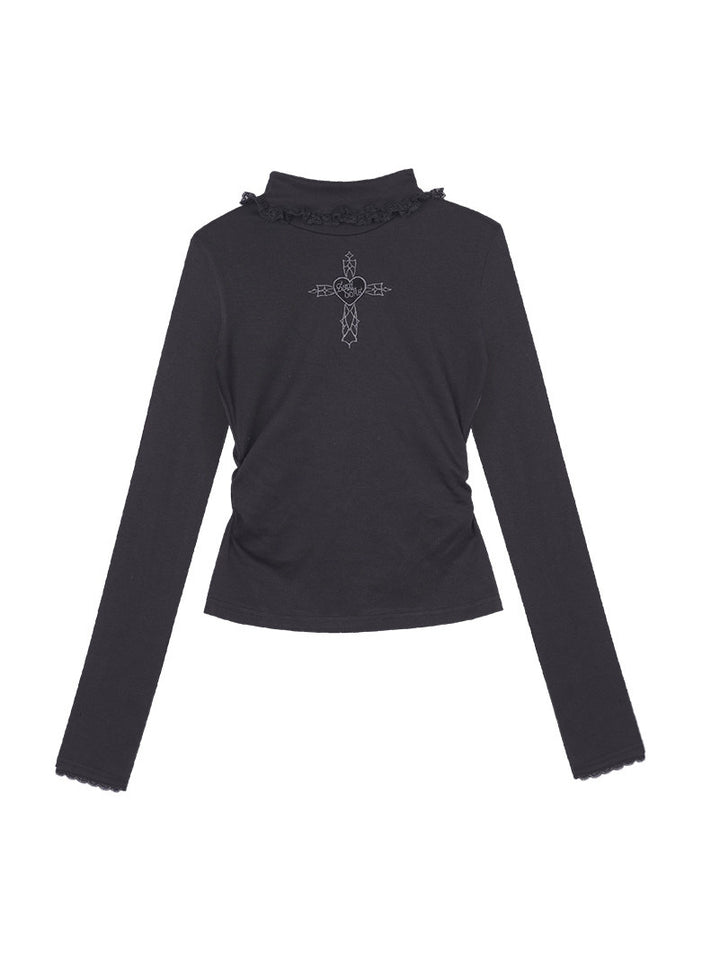 Heart Cross Ruffle Mock Neck Top