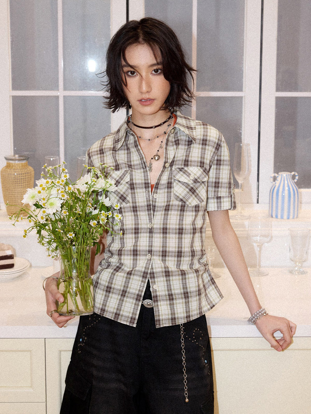 Plaid Short Sleeve Utility Shirt