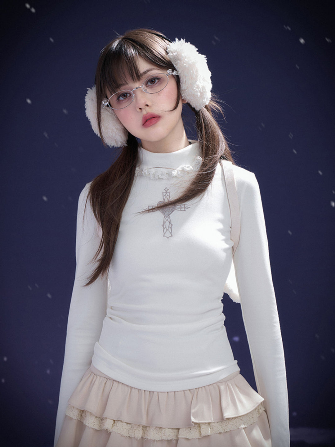 Heart Cross Ruffle Mock Neck Top