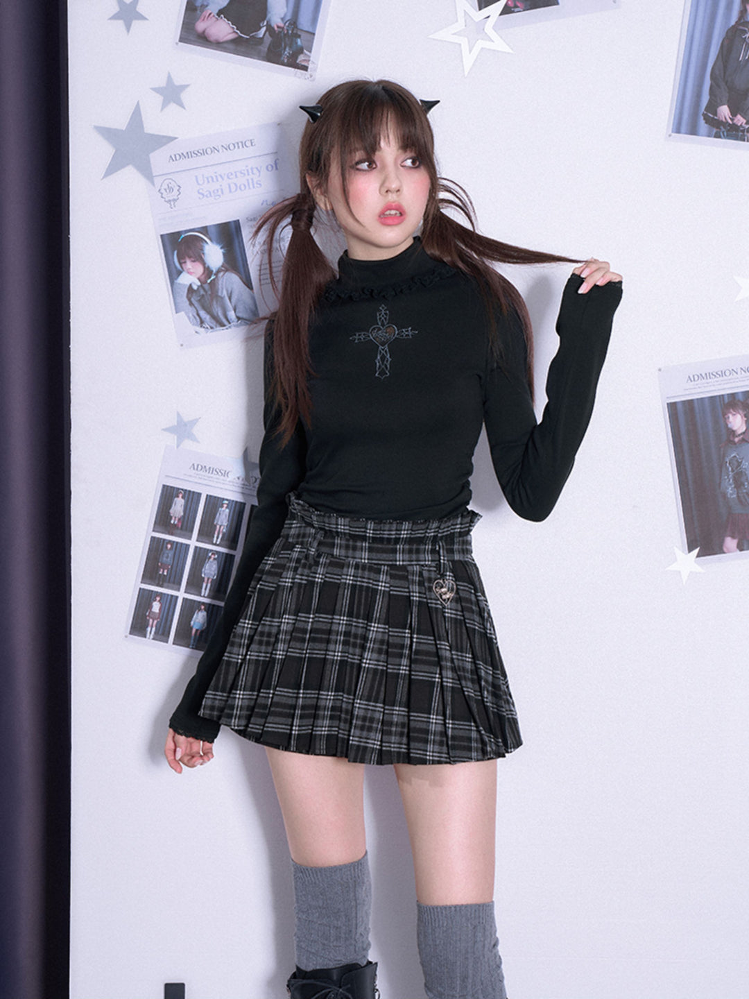 Heart Cross Ruffle Mock Neck Top