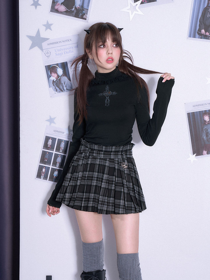 Heart Cross Ruffle Mock Neck Top