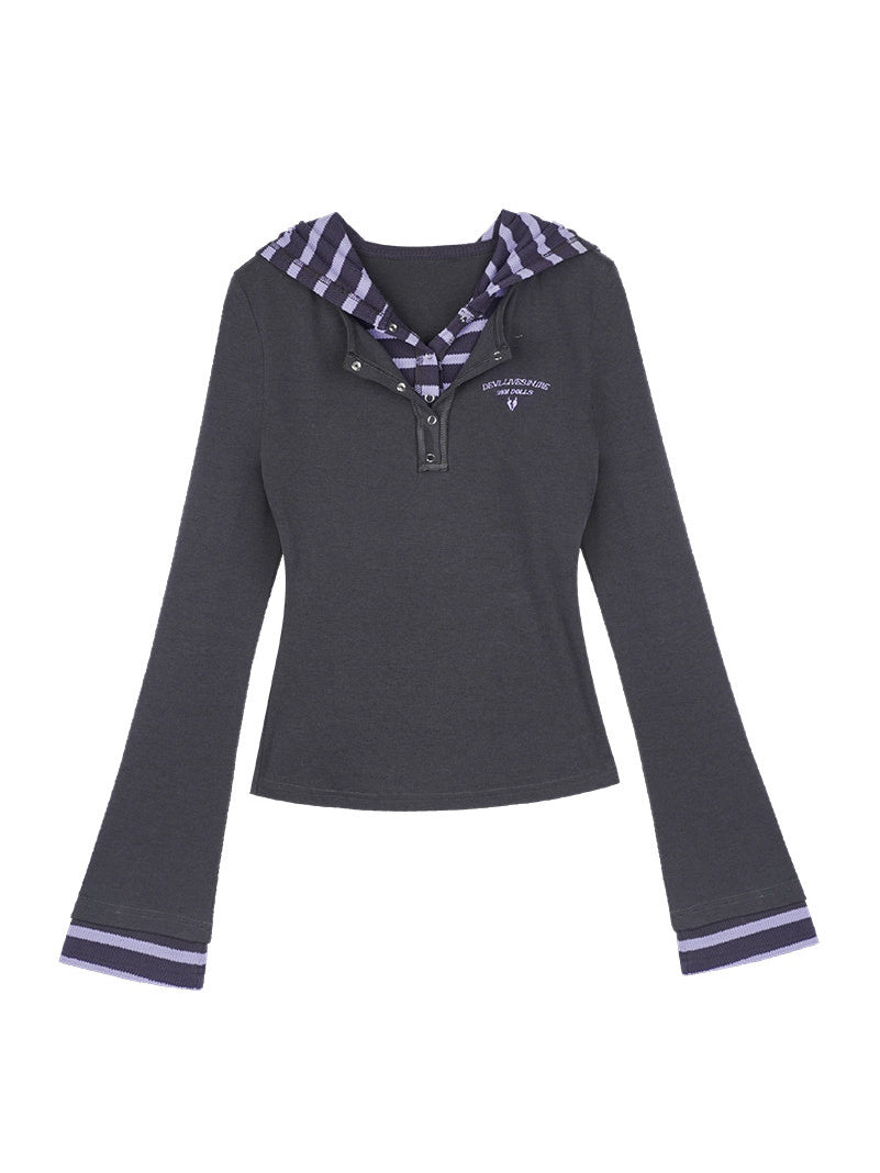 Striped Layered Hooded Henley Top