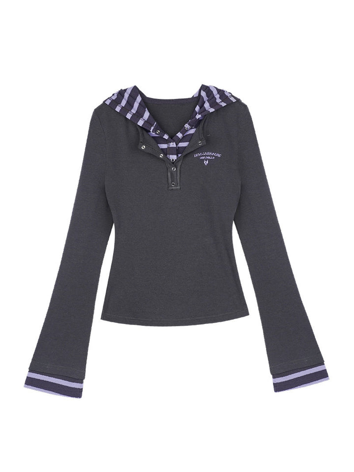 Striped Layered Hooded Henley Top